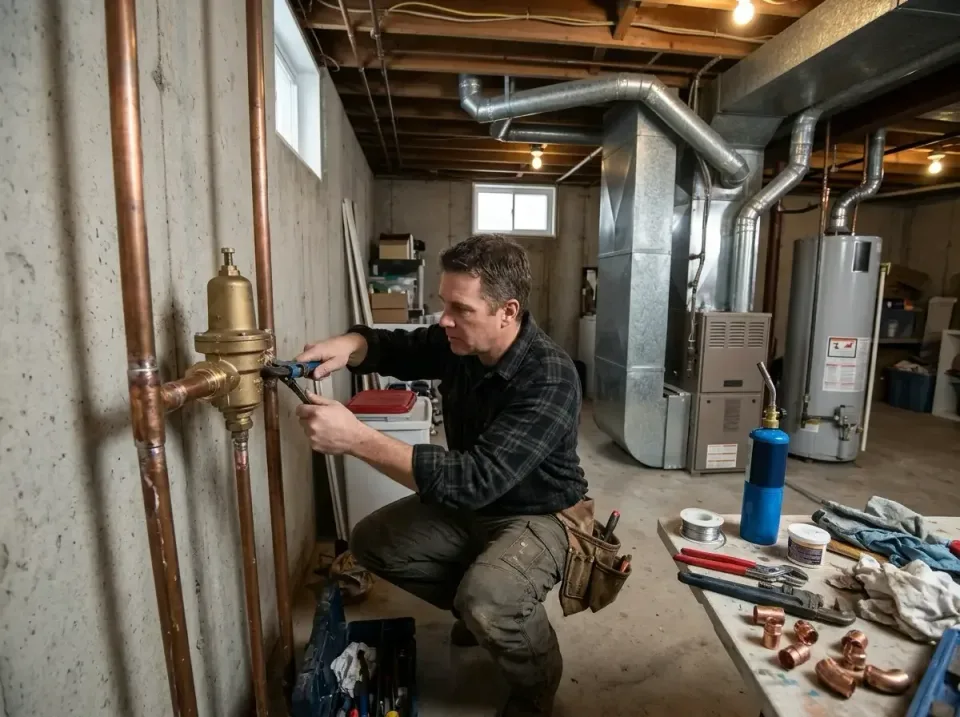 Plumber — Residential Basement — Plumber, Copper Pipe, Water Pressure Regulator, Residential Basement, Plumbing