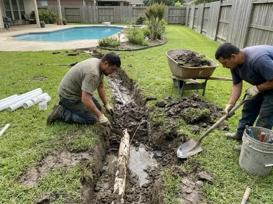 Plumbing Crew — Residential Backyard — Plumbing Crew, Excavation Trench, Wheelbarrow, Residential Backyard, Plumbing