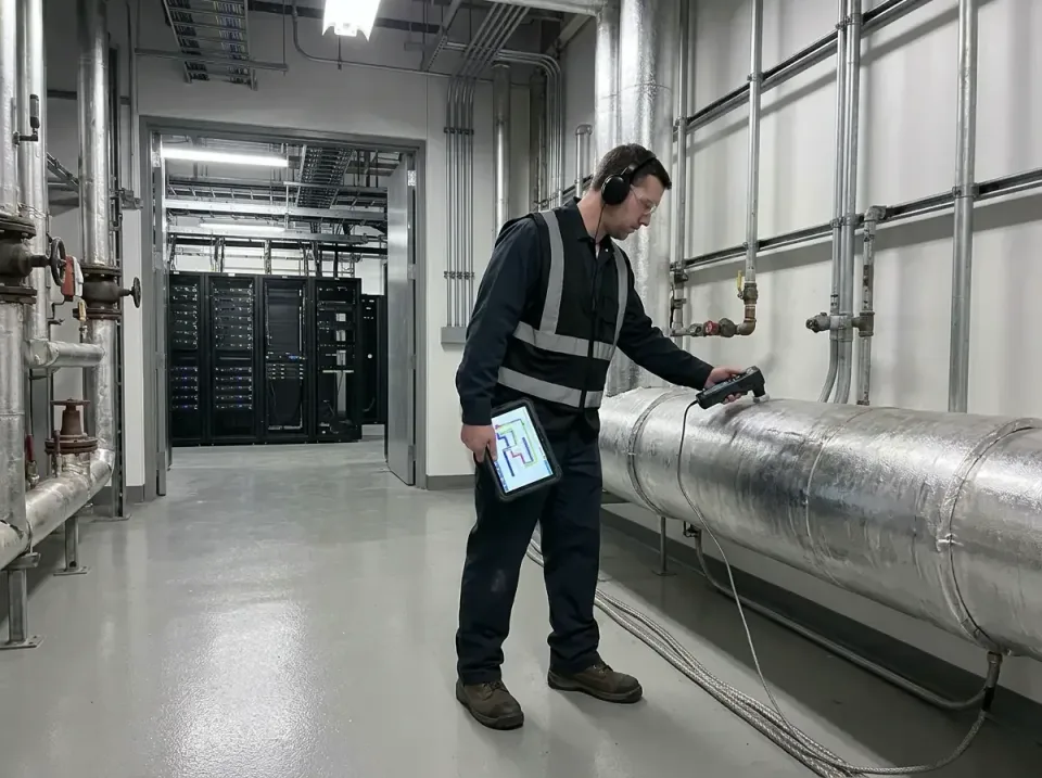 Technician — Data Center — Technician, Safety Vest, Tablet, Data Center, Plumbing
